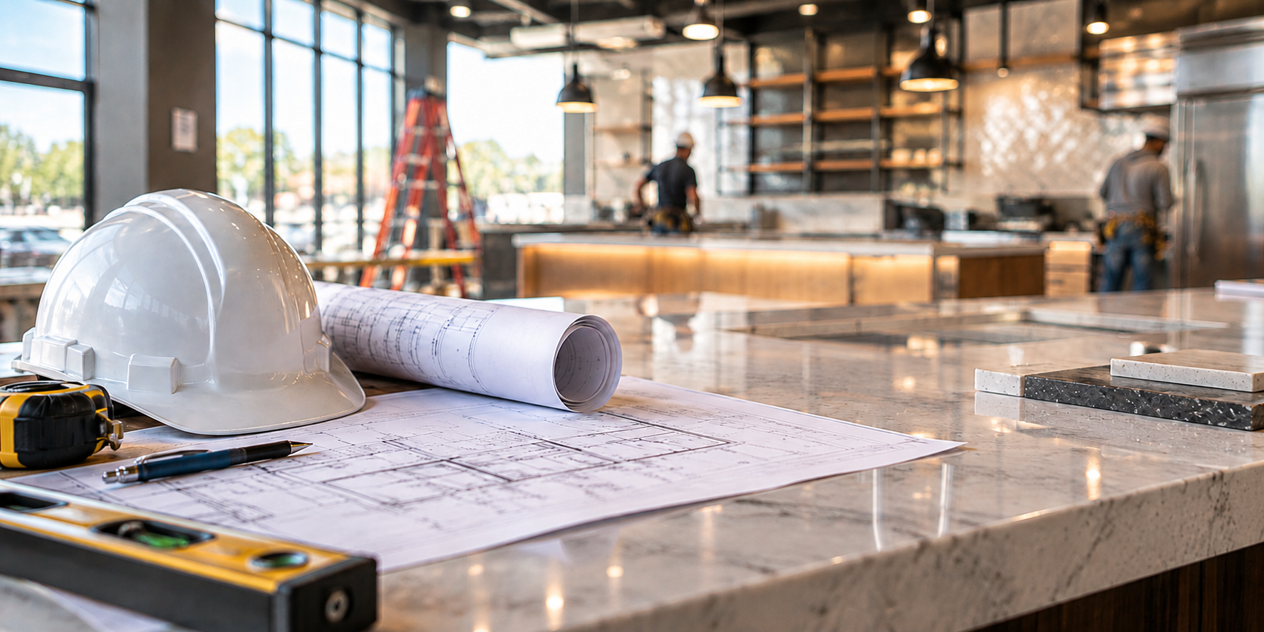 Commercial countertop installation project with construction plans and stone surfaces